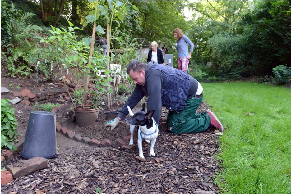 Menschen gärtnern im Schrebergarten