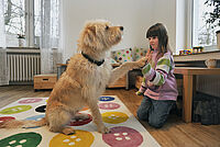 Ein Mädchen spielt mit einem Therapiehund