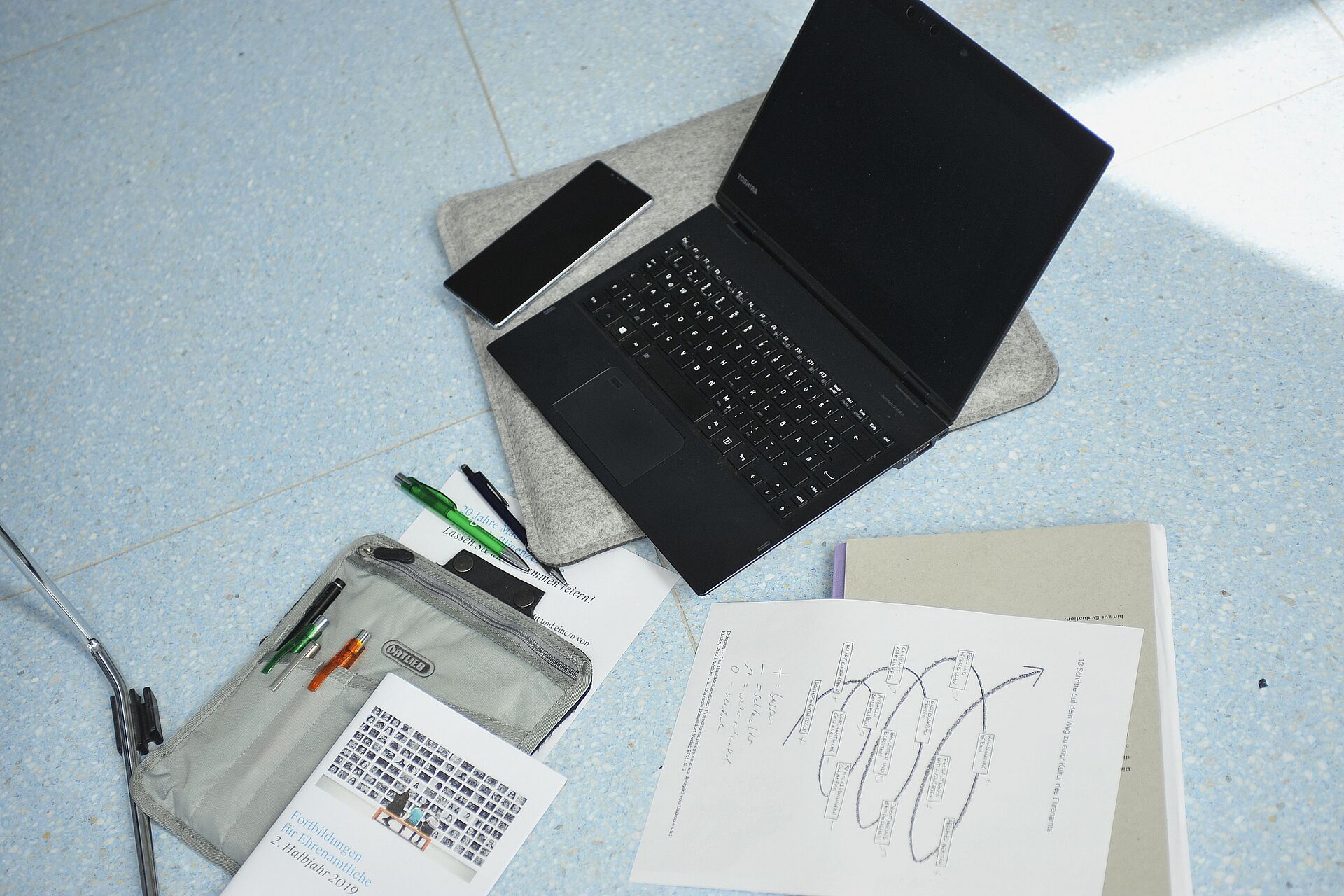 Ein Laptop und Schulungsunterlagen liegen auf einem Tisch