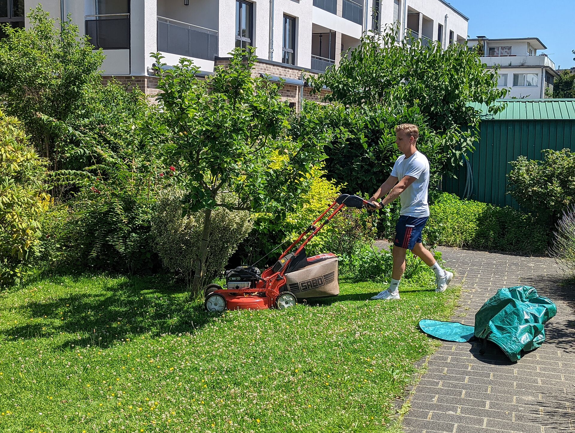 Junger Mann beim Rasenmähen